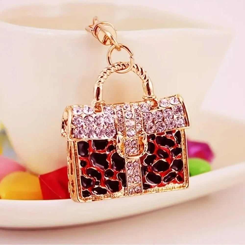 Bag Charm Gold red/black Leopard Print Purse Keychain